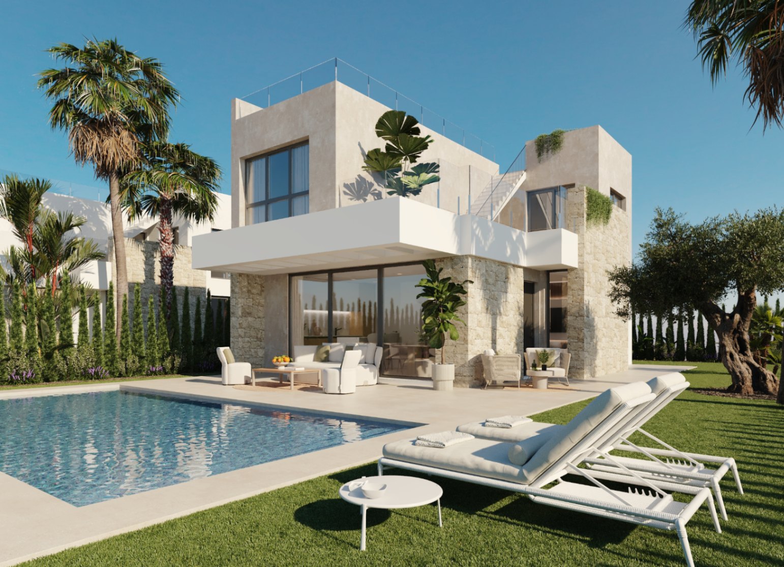Villa de dos plantas y sótano con 5 dormitorios en Finestrat 